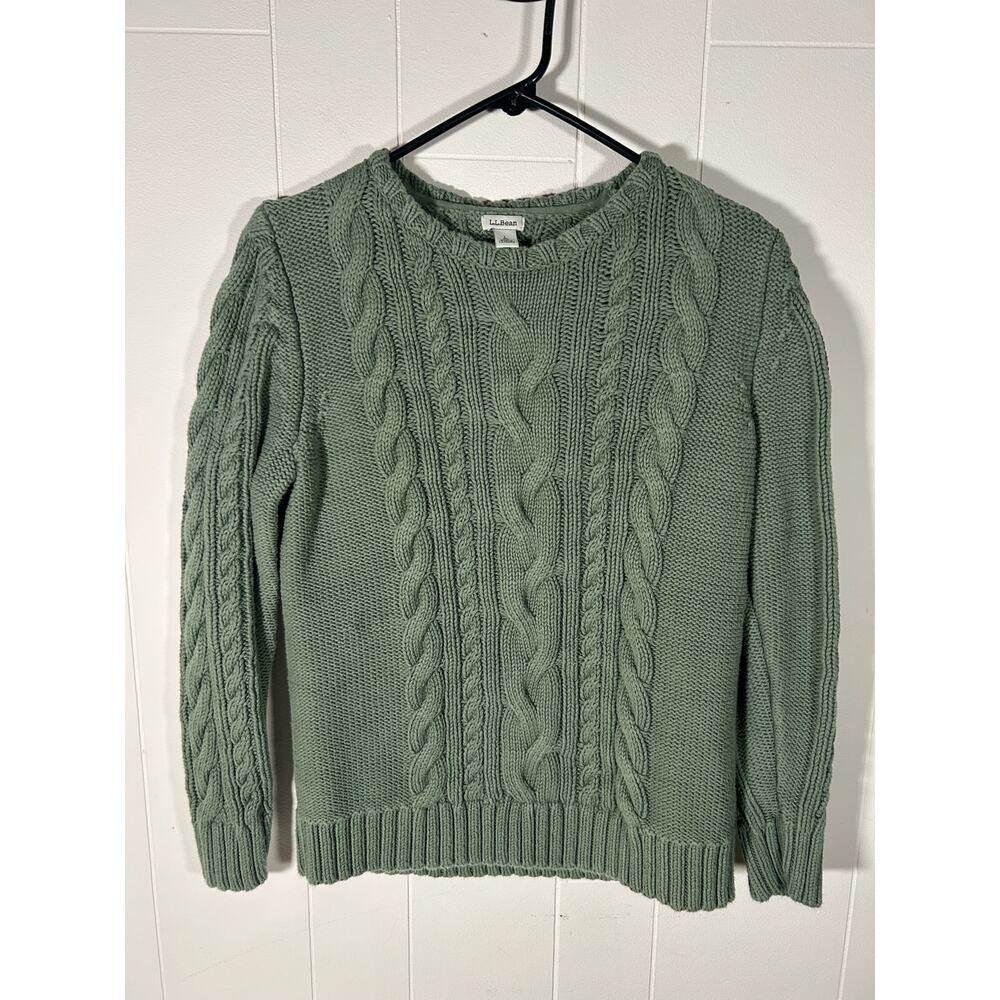 L.L.Bean‎ Double L Cableknit Cotton Crewneck Sweater Women L Green Preppy Spring